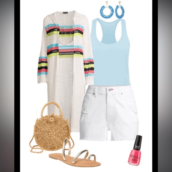 Scoop Womens Open Knit Crochet Knit Striped Boho Hooded Cardigan Kimono Sz XS - Picture 2 of 11